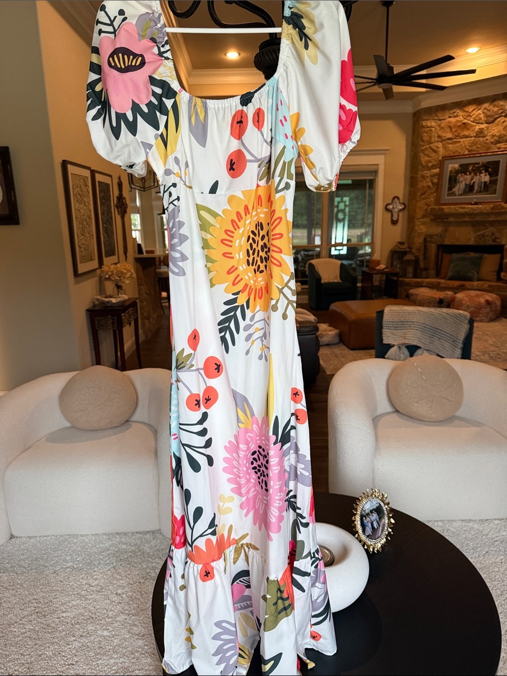 Amazon White Floral Maxi Dress with Yellow, Pink & Coral Blooms side zipper